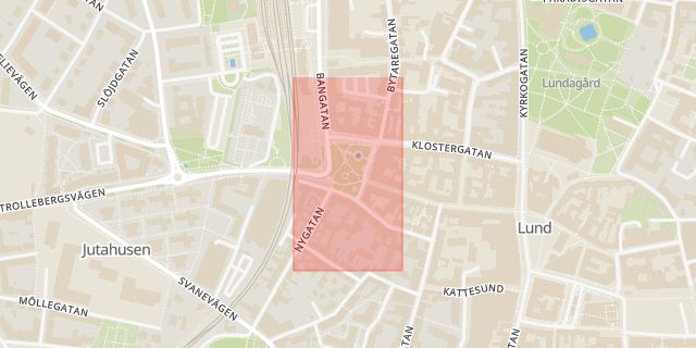 Karta som med röd fyrkant ramar in Klostergatan, Bantorget, Stora Gråbrödersgatan, Lund, Skåne län