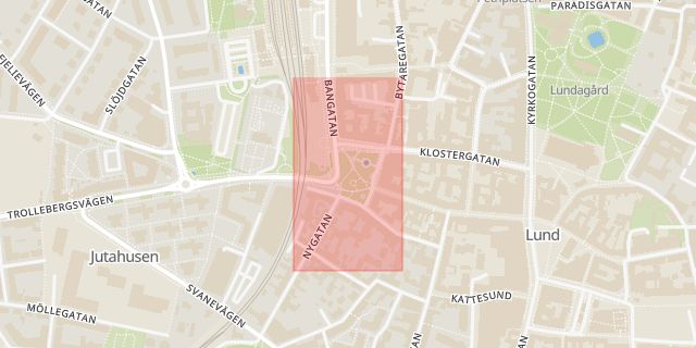 Karta som med röd fyrkant ramar in Bantorget, Lund, Skåne län