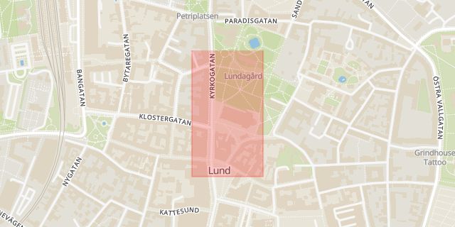 Karta som med röd fyrkant ramar in Domkyrkan, Lund, Skåne län