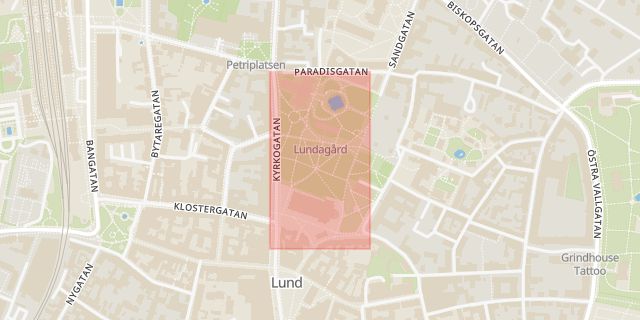 Karta som med röd fyrkant ramar in Lundagård, Lund, Skåne län