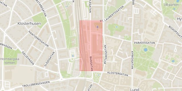 Karta som med röd fyrkant ramar in Bangatan, Lund, Skåne län