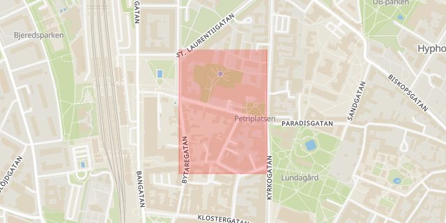 Karta som med röd fyrkant ramar in Sankt Petri Kyrkogata, Lund, Skåne län