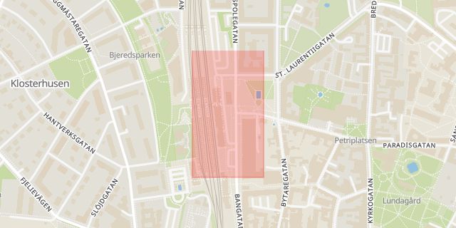 Karta som med röd fyrkant ramar in Lund Centralstation, Lund, Skåne län