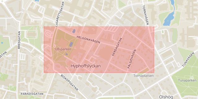 Karta som med röd fyrkant ramar in Universitetsområdet, Helgonavägen, Lund, Skåne län
