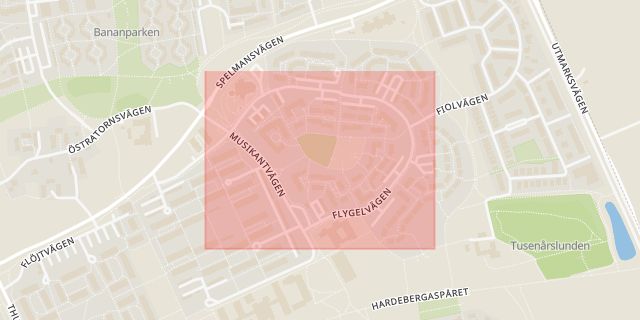 Karta som med röd fyrkant ramar in Flygelvägen, Lund, Skåne län