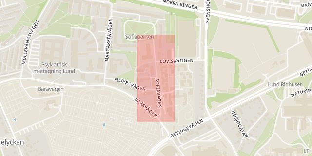Karta som med röd fyrkant ramar in Möllevången, Sofiavägen, Lund, Skåne län