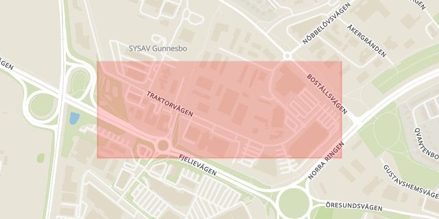 Karta som med röd fyrkant ramar in Gunnesbo, Traktorvägen, Lund, Skåne län