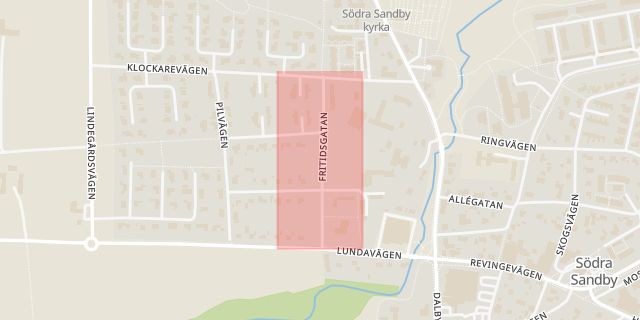 Karta som med röd fyrkant ramar in Södra Sandby, Fritidsgatan, Skrylle, Lund, Skåne län