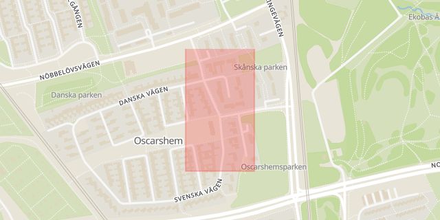 Karta som med röd fyrkant ramar in Oscarshem, Lund, Skåne län