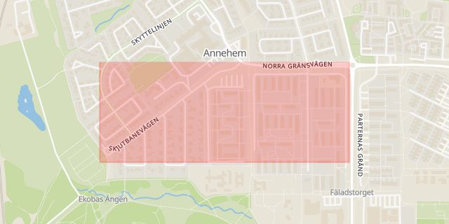 Karta som med röd fyrkant ramar in Annehem, Skjutbanevägen, Lund, Skåne län