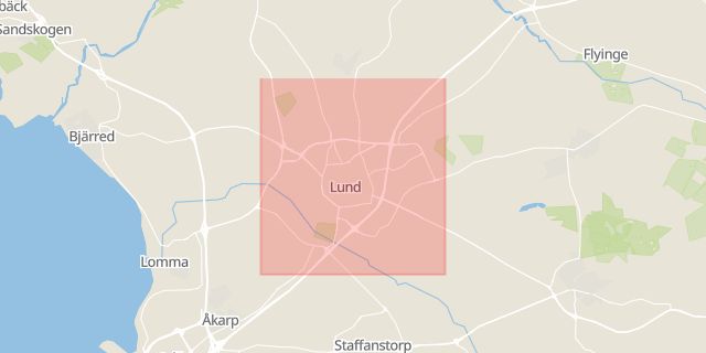 Karta som med röd fyrkant ramar in Lund, Skåne län