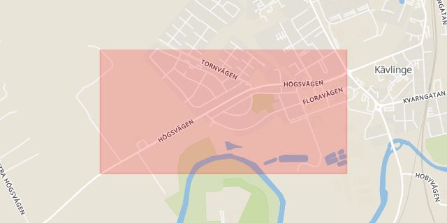 Karta som med röd fyrkant ramar in Högsvägen, Kävlinge, Skåne län