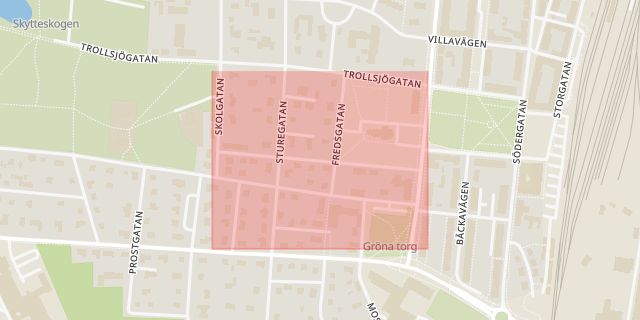 Karta som med röd fyrkant ramar in Tempelgatan, Eslöv, Skåne län