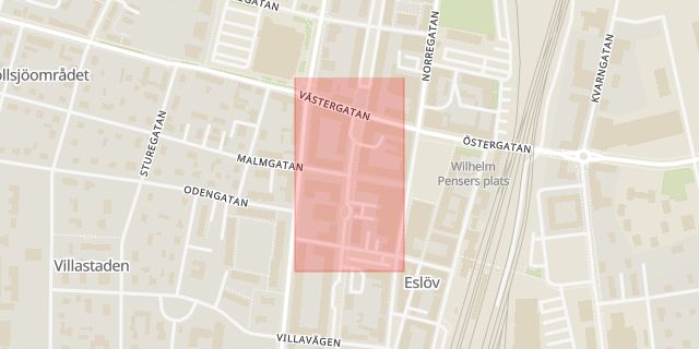 Karta som med röd fyrkant ramar in Malmgatan, Kanalgatan, Eslöv, Skåne län