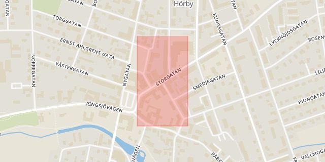 Karta som med röd fyrkant ramar in Lundegårdsgatan, Storgatan, Hörby, Skåne län