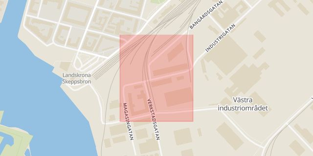 Karta som med röd fyrkant ramar in Första Tvärgatan, Landskrona, Skåne län