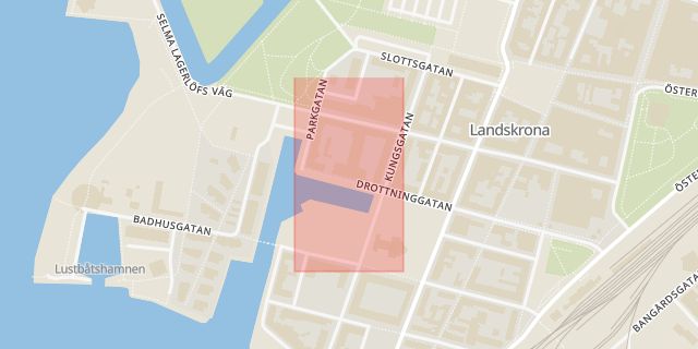 Karta som med röd fyrkant ramar in Stadshuset, Drottninggatan, Landskrona, Skåne län