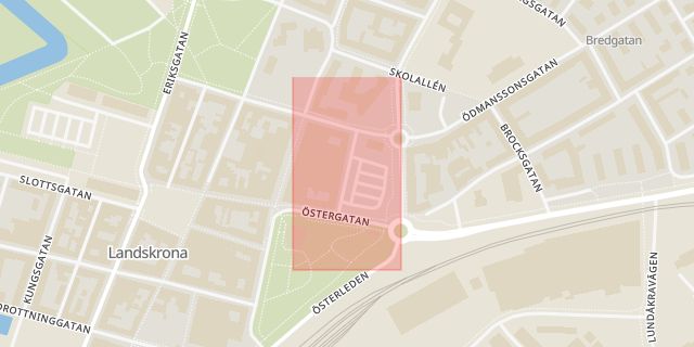 Karta som med röd fyrkant ramar in Rådmansgatan, Landskrona, Skåne län