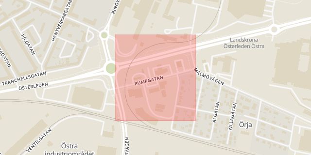 Karta som med röd fyrkant ramar in Pumpgatan, Landskrona, Skåne län