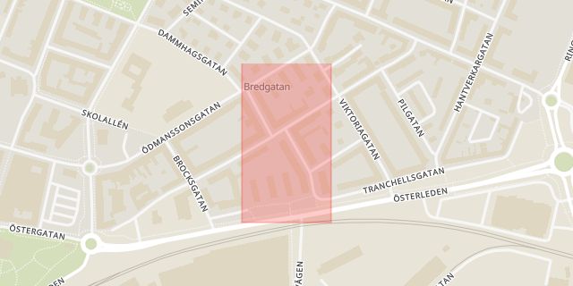 Karta som med röd fyrkant ramar in Bredgatan, Landskrona, Skåne län