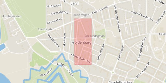 Karta som med röd fyrkant ramar in Timmermansgatan, Landskrona, Skåne län