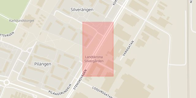 Karta som med röd fyrkant ramar in Silvergården, Pilängsrundeln, Landskrona, Skåne län
