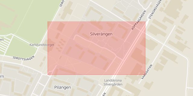 Karta som med röd fyrkant ramar in Silvergården, Landskrona, Skåne län