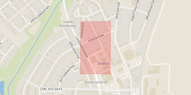 Karta som med röd fyrkant ramar in Centralgatan, Svalöv, Skåne län