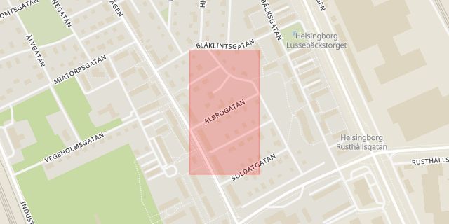 Karta som med röd fyrkant ramar in Miatorp, Albrogatan, Helsingborg, Skåne län