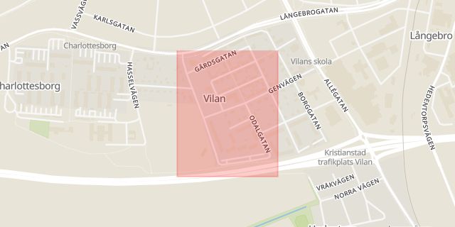 Karta som med röd fyrkant ramar in Poppelvägen, Kristianstad, Skåne län