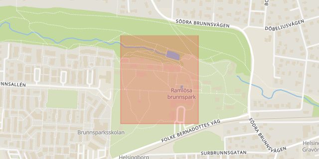 Karta som med röd fyrkant ramar in Brunnsparken, Ramlösa, Elineberg, Helsingborg, Skåne län
