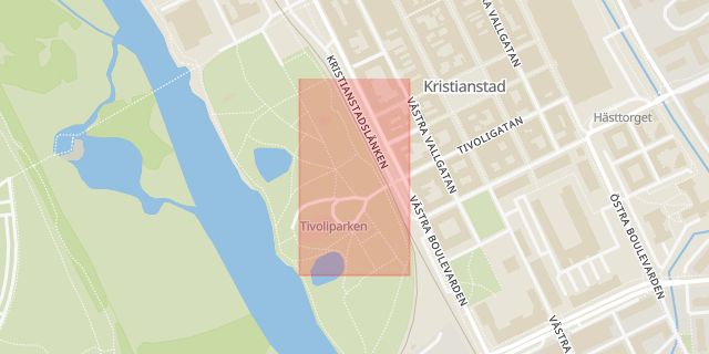 Karta som med röd fyrkant ramar in Tivoliparken, Kristianstad