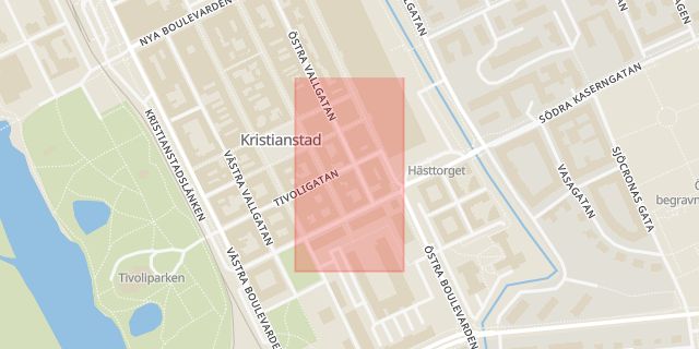 Karta som med röd fyrkant ramar in Bed And Breakfast, Tivoligatan, Kristianstad, Skåne län