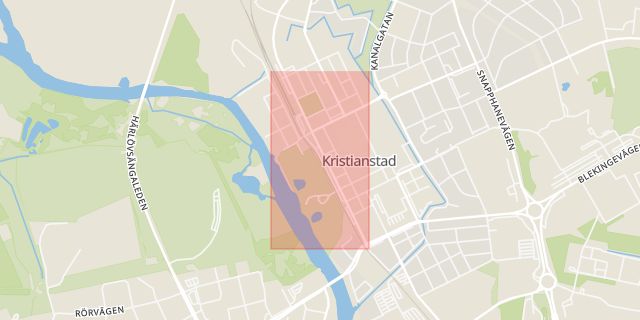 Karta som med röd fyrkant ramar in Västra Boulevarden, Kristianstad, Skåne län
