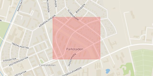 Karta som med röd fyrkant ramar in Lyckans Väg, Kristianstad, Skåne län