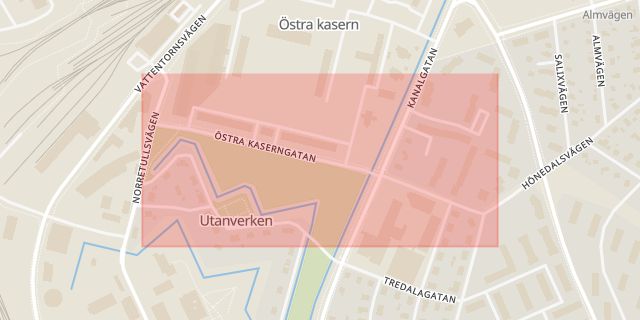 Karta som med röd fyrkant ramar in Östra Kaserngatan, Kristianstad, Skåne län