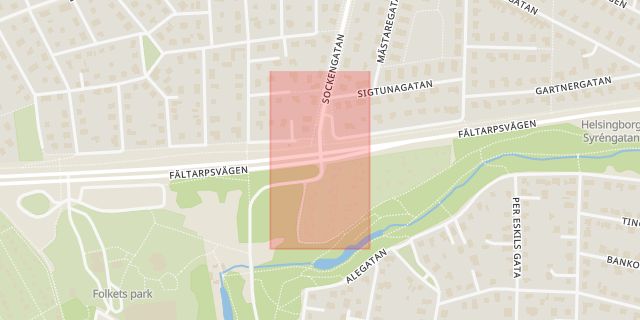 Karta som med röd fyrkant ramar in Jordbogatan, Fältarpsvägen, Helsingborg, Skåne län