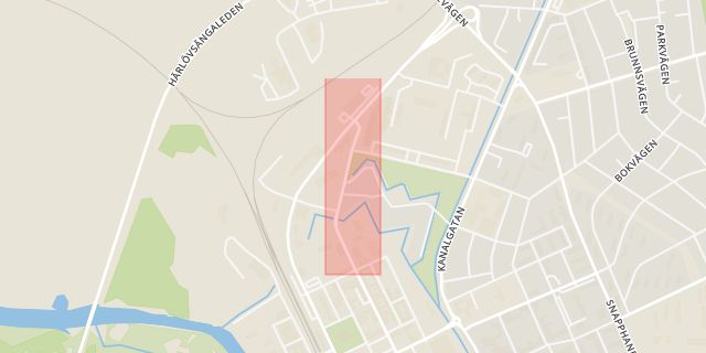 Karta som med röd fyrkant ramar in Norretullsvägen, Kristianstad, Skåne län