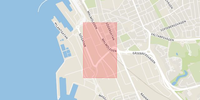 Karta som med röd fyrkant ramar in Bredgatan, Helsingborg, Skåne län