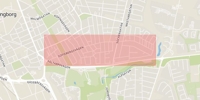 Karta som med röd fyrkant ramar in Sofiebergsvägen, Helsingborg, Skåne län