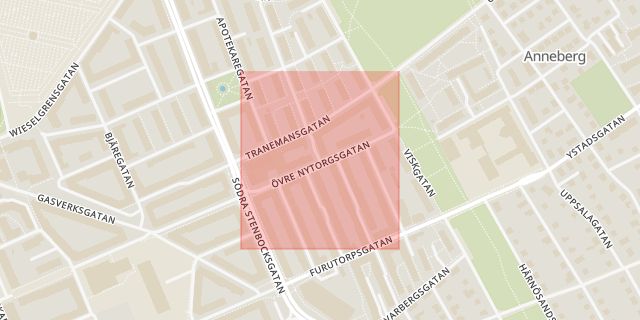 Karta som med röd fyrkant ramar in Övre Nytorgsgatan, Helsingborg, Skåne län
