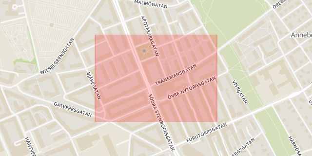 Karta som med röd fyrkant ramar in Tranemansgatan, Helsingborg, Skåne län