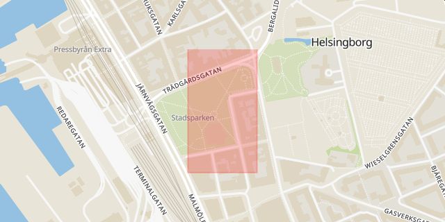 Karta som med röd fyrkant ramar in Stadsbiblioteket, Helsingborg, Skåne län