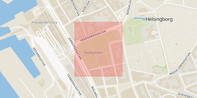 Karta som med röd fyrkant ramar in Stadsparken, Helsingborg, Skåne län