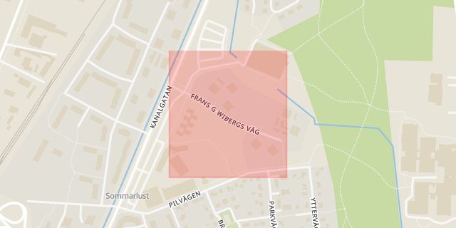 Karta som med röd fyrkant ramar in Wibergs Väg, Lexington, Kristianstad, Skåne län