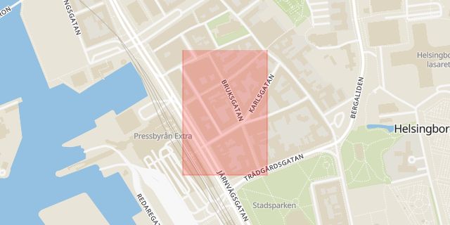 Karta som med röd fyrkant ramar in Bruksgatan, Helsingborg, Skåne län
