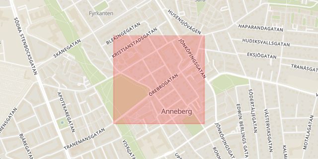 Karta som med röd fyrkant ramar in Örebrogatan, Helsingborg, Skåne län