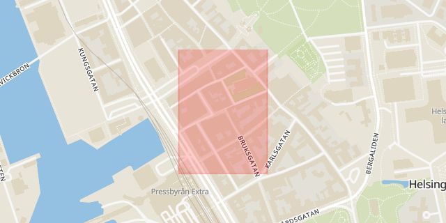 Karta som med röd fyrkant ramar in Södra Kyrkogatan, Helsingborg, Skåne län
