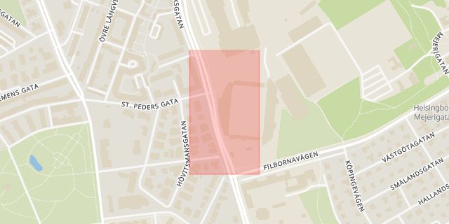 Karta som med röd fyrkant ramar in Olympia, Djurgården, Helsingborg, Skåne län
