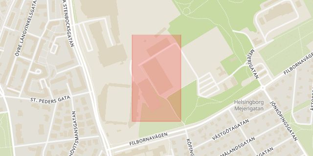 Karta som med röd fyrkant ramar in Filbornavägen, Skånegatan, Helsingborg, Skåne län